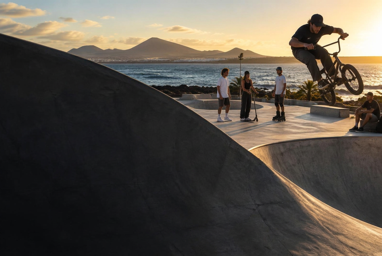 Riders de BMX, scooter y roller en un parque de riders junto al océano